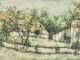 drawing of an old farm with a fence and trees in the foreground