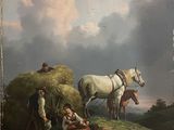 un tableau représentant un groupe de personnes avec des chevaux et un chien
