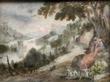 a picture of a painting of a man and a dog on a hill