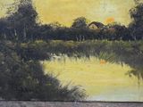 a painting of a sunset over a lake with trees