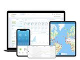 two laptops, a tablet, and a phone displaying a weather station