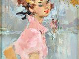 an oil painting of a woman in a pink dress with flowers in a vase