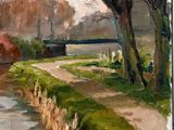 an oil painting of a river with trees and a bridge in the background