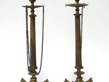 pair of antique brass candlesticks with chain handles