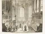 a drawing of a large room with people in it