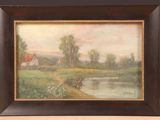 an oil painting of a landscape with a river and a house in the distance