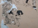 a drawing of a group of people sitting on a bench