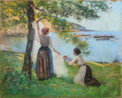 an oil painting of two women hanging laundry on a clothes line