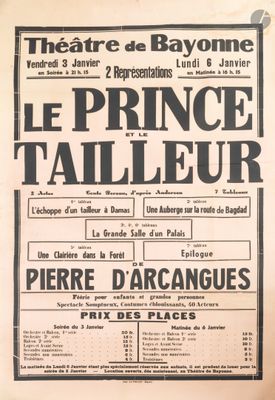 une vieille affiche française annonçant la pièce « Le Prince et le Tailleur » au Théâtre de Bayonne