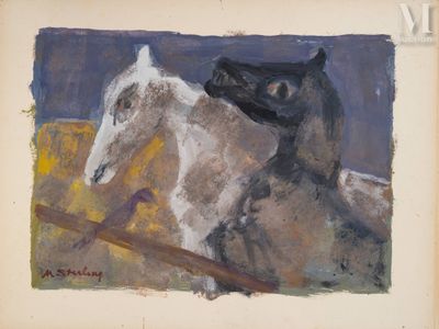 un tableau représentant un cheval et un chien dans un enclos