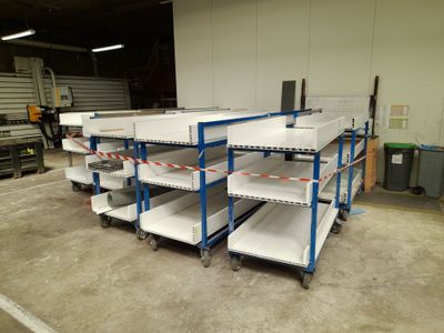 many shelves that are on the floor in a warehouse
