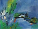 un tableau représentant une rivière, avec de l'herbe verte et un ciel bleu