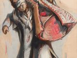 tableau représentant deux personnes marchant avec un grand sac sur le dos