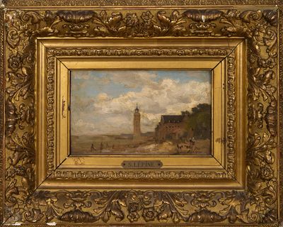 tableau représentant une vue d'une ville avec une tour horloge au loin