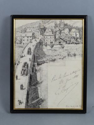un dessin en noir et blanc représentant un pont enjambant une rivière