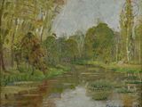 painting of a river in a wooded area with trees in the foreground