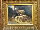 a painting of sheep and chickens in a barn