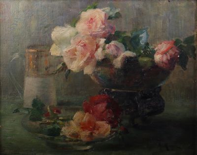 tableau représentant des fleurs dans un bol posé sur une table, à côté d'une bougie