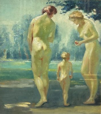 painting of two women and a child standing in a park