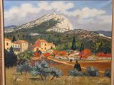 an oil painting of a landscape with a mountain in the background