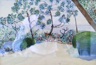 a watercolor painting of trees and bushes in a park