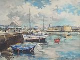 a painting of boats in the water at the dock