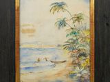une peinture à l'huile représentant une scène de plage avec des palmiers et un bateau dans l'eau
