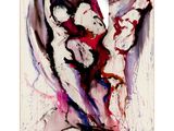 an abstract painting of a woman ' s torso with red and purple paint on it