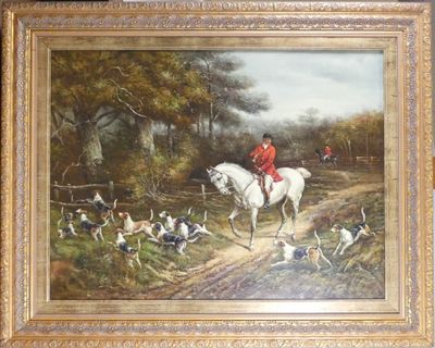 tableau représentant un homme à cheval, avec un groupe de chiens en arrière-plan