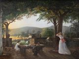 a painting of a woman and two children in a park