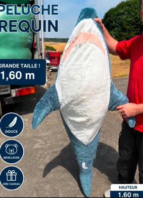 un homme debout à côté d'un gros poisson sur la route