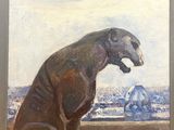 an oil painting of a dog sitting on a ledge looking out over a city