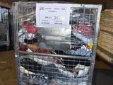 a cart with a lot of shoes in it in a warehouse