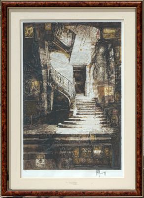 une image représentant un tableau d'un escalier menant à un bâtiment