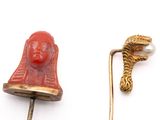 pair of gold and coral hair pins and a pearl broocher