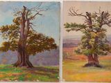 two paintings of trees in a field with a mountain in the background
