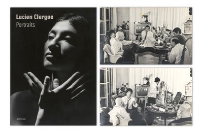 four black and white photographs of a group of people sitting around a table
