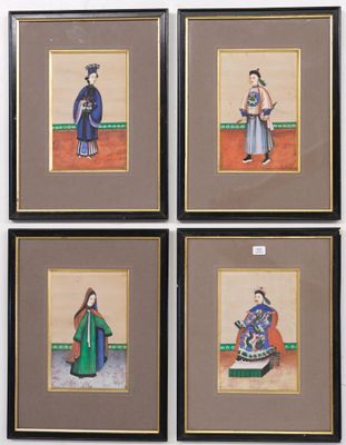four framed paintings of asian women in traditional clothing