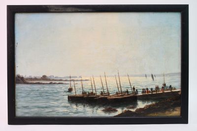 une image d'un tableau représentant un bateau sur l'eau