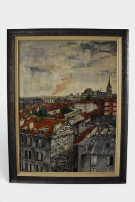 une peinture à l'huile représentant une vue de ville avec des bâtiments et une tour horloge