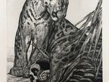 an image of a drawing of a cat and a cat laying on the ground
