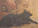 a painting of a black cat laying on the ground