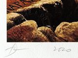 a picture of a painting of a dog laying on a rock