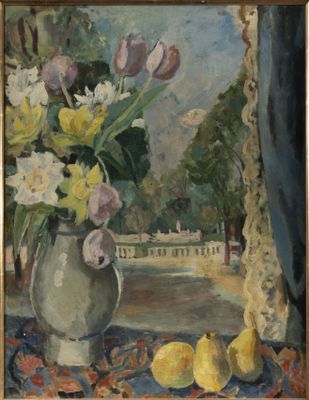 painting of a vase of flowers and lemons on a window sill