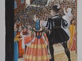 un tableau représentant un homme et une femme debout devant une foule