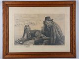painting of a man and his dog in a wood frame