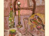 un tableau représentant un oiseau posé sur une table, à côté d'une bouteille de vin