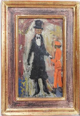 an oil painting of a man in a top hat and a woman in an orange dress