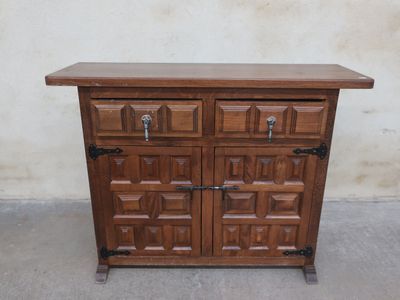 an image of a wooden cabinet with two doors and a drawer