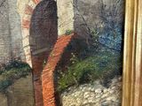 an oil painting of a man sitting on a bench in front of a building